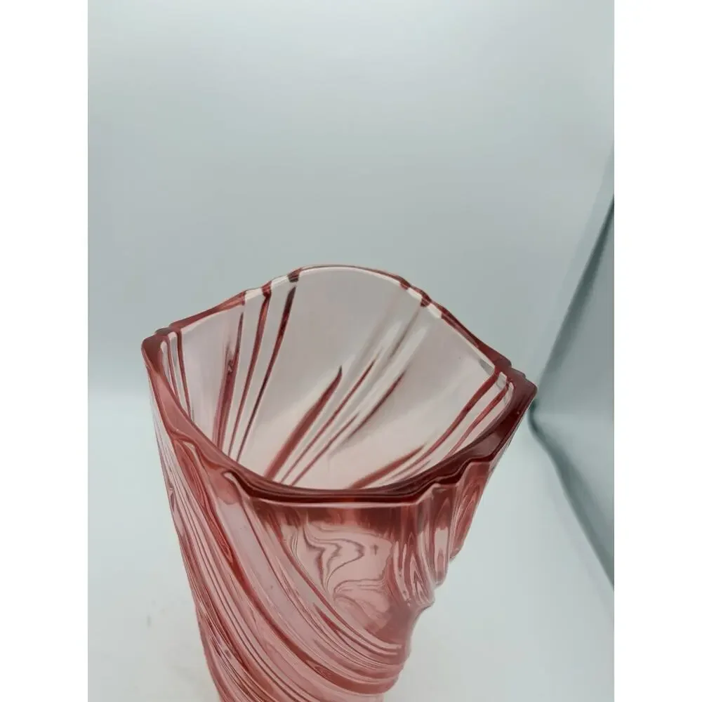 Vase Pink Rippling Cascade Swirl Modern Heavy Pressed Glass 9.25